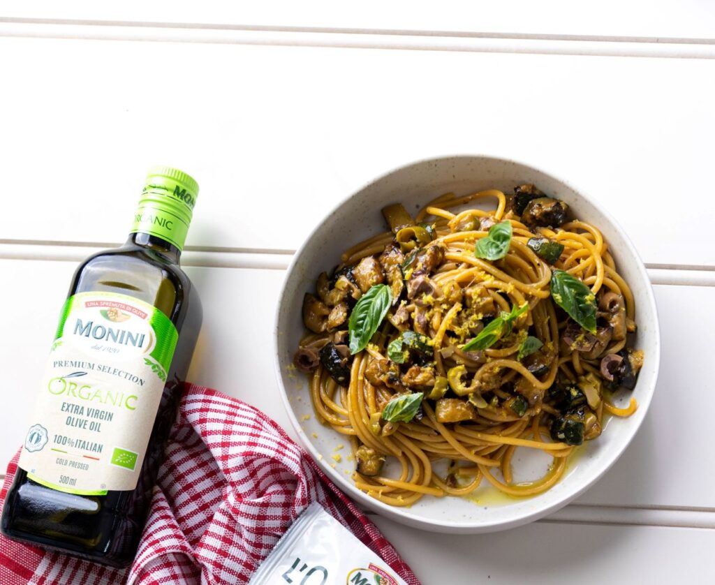 Bucatini with zucchini, olives, and lemon