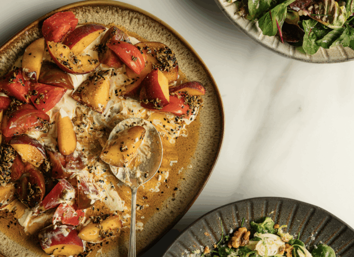 Fresh Tomatoes & Peaches with a Sizzled Fennel Seed & Chili Olive Oil Dressing