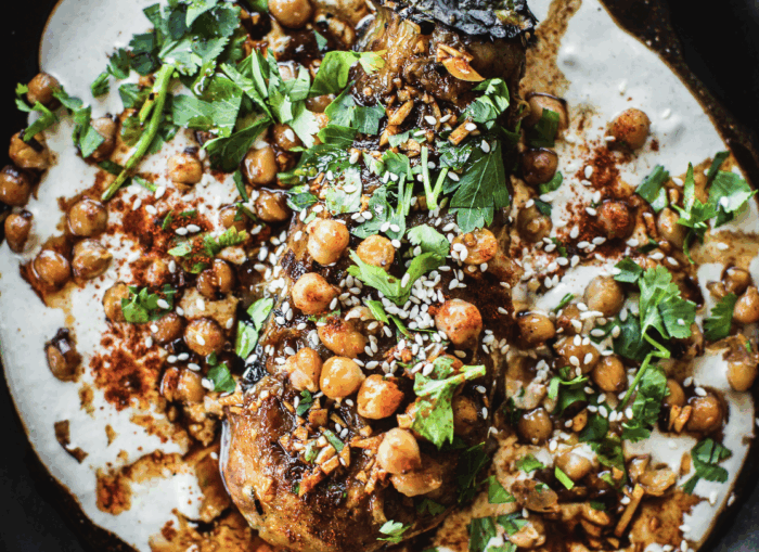 Fire Roasted Eggplant with Tahini Sauce & Chickpea