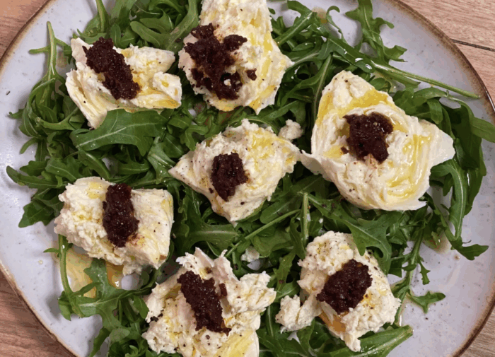 Mozzarella with rocket and olive tapenade