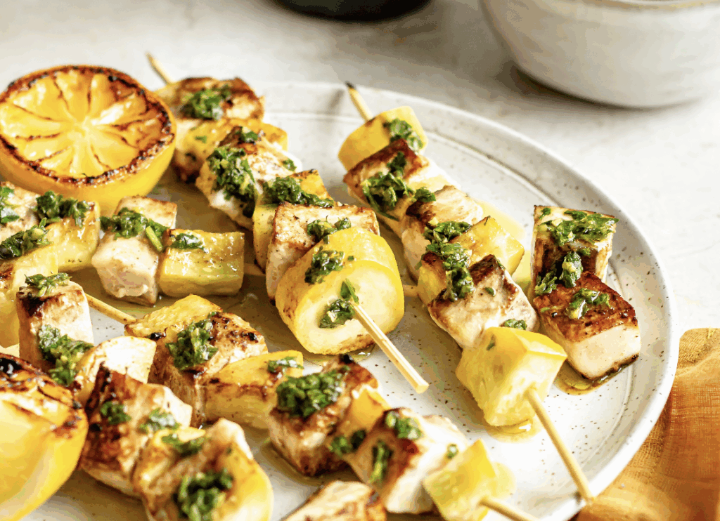 Swordfish Skewers with Salsa Verde and Summer Squash