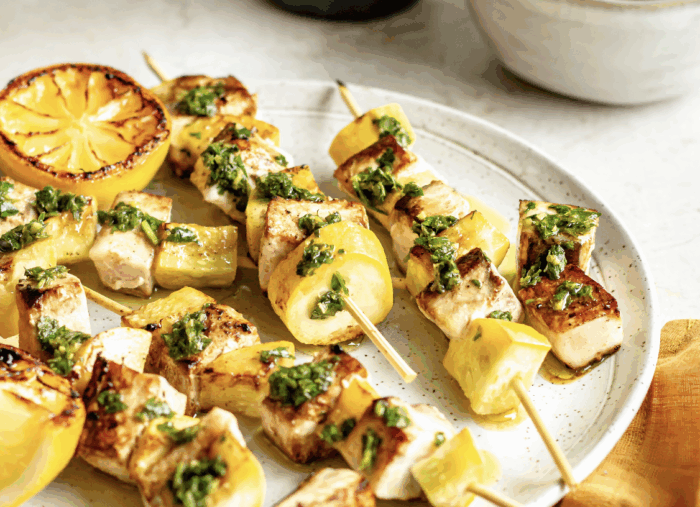 Swordfish Skewers with Salsa Verde and Summer Squash