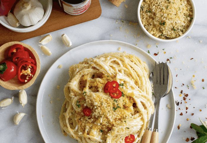 Creamy Spaghetti with Garlic & Chili Breadcrumbs