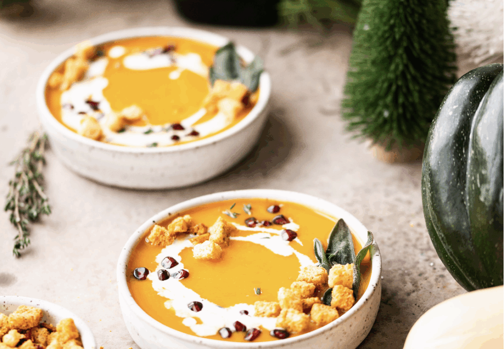 Creamy Squash Soup with Pomegranate and Fried Sage