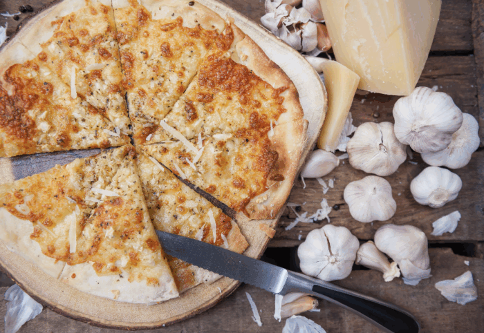 Pizza with Pecorino Romano cheese, Garlic and Onions