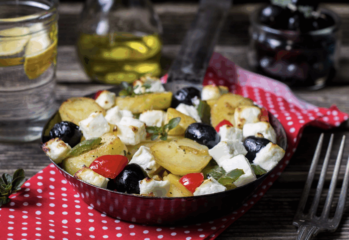 Potatoes with Spring Peas, Feta Cheese, Olives and Mint