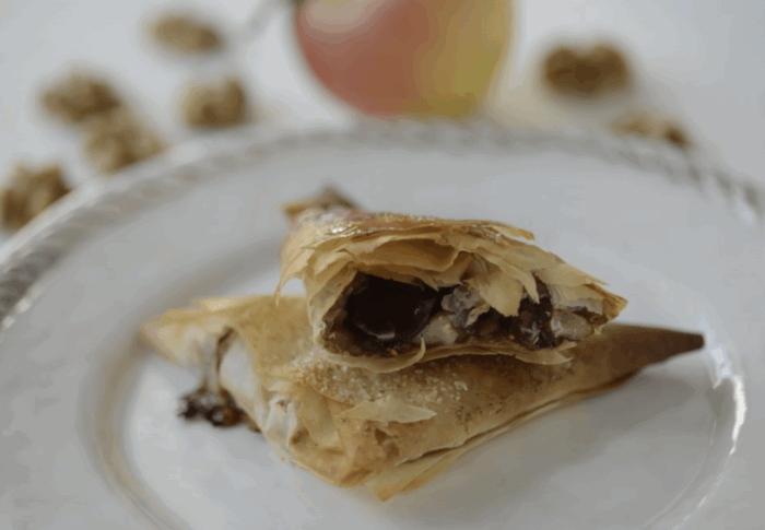 Fruit and Chocolate filled phyllo pastry triangles with Vanilla Bean Ice Cream