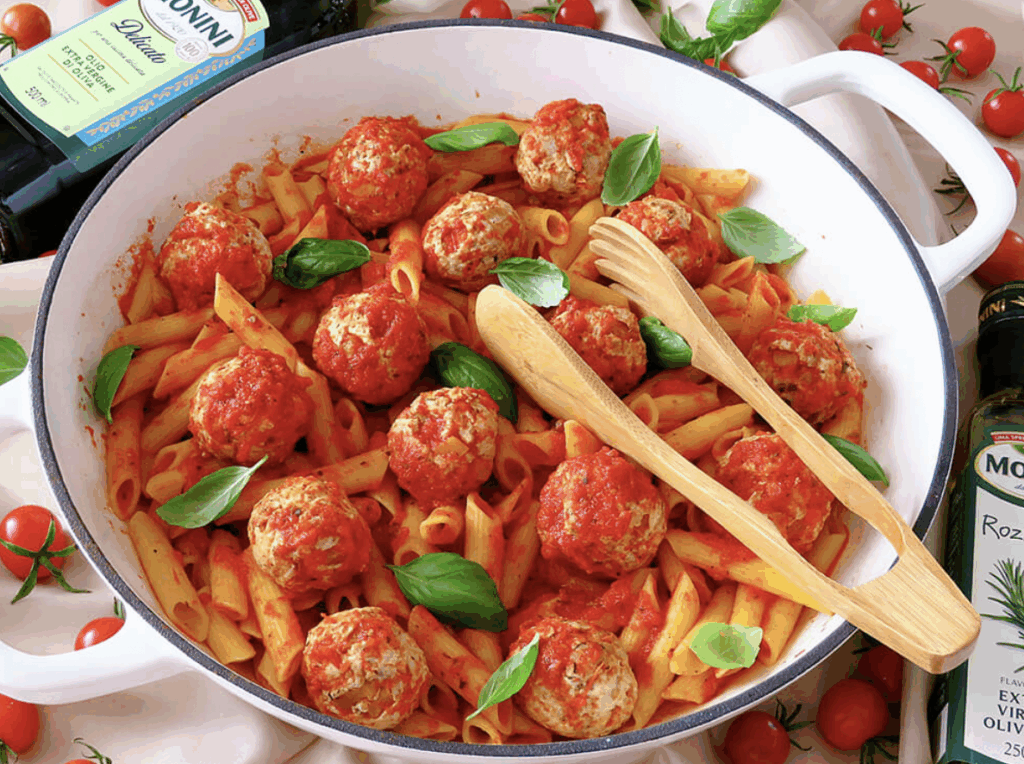 Makaron z pulpecikami drobiowymi w sosie pomidorowym