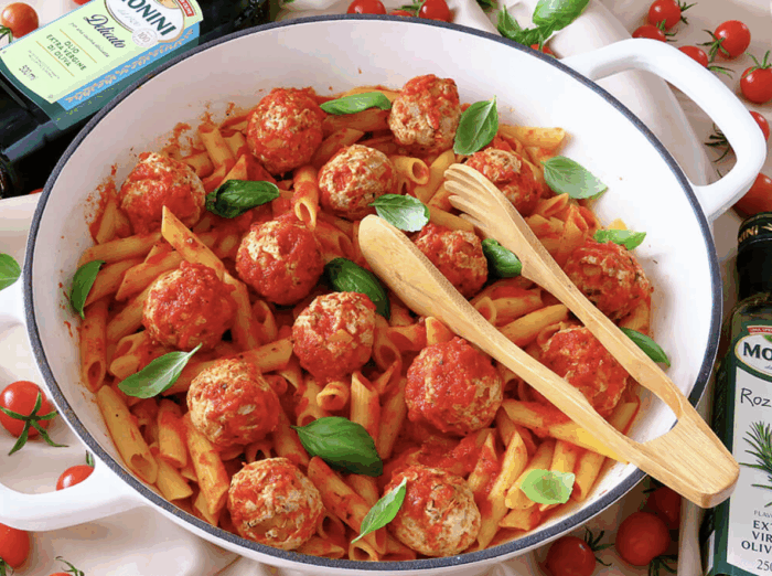 Makaron z pulpecikami drobiowymi w sosie pomidorowym