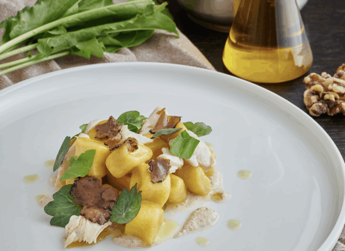 Gnocchi di polenta, noci, luciperca e tartufo nero della Val d’Intelvi